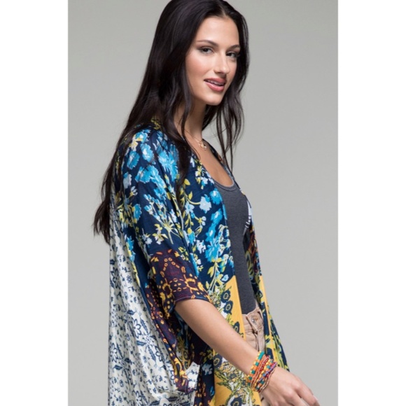 SOLD OUT Laguna Intricate Floral Tile Patchwork Print Kimono Wrap Open Boho - Picture 2 of 5